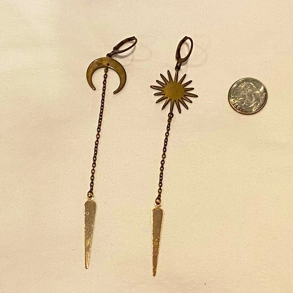 Gold Sun and Moon Dangle Earrings - Picture 2 of 2